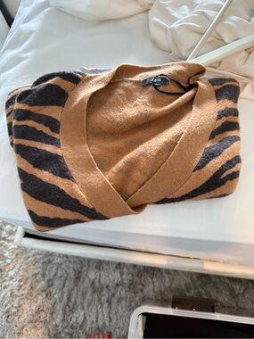 Rails Camel and Black Zebra-Stripe V-Neck Sweater